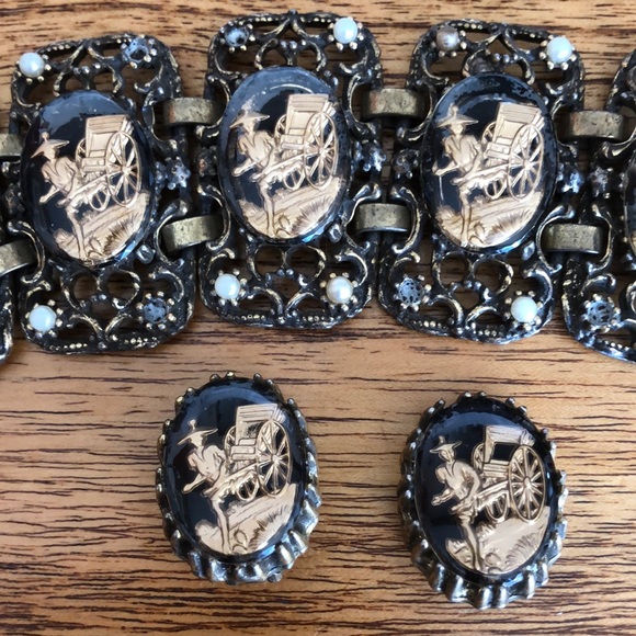 Vintage Intaglio Cabochon Link Bracelet/Earrings-Selro Selini?  Rickshaw - Picture 4 of 17